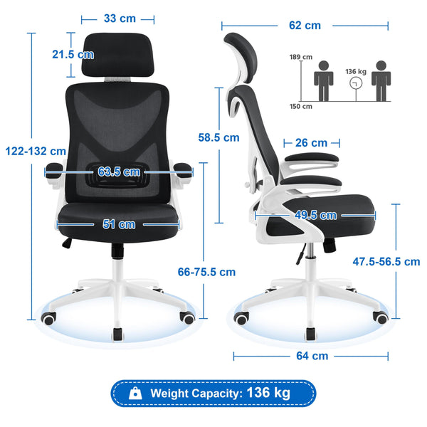 Yaheetech High Back Home Office Chair Ergonomic Swivel Desk Chair with Arms and Height Adjustable Back Support for Home Study or Manager Work White/Pink