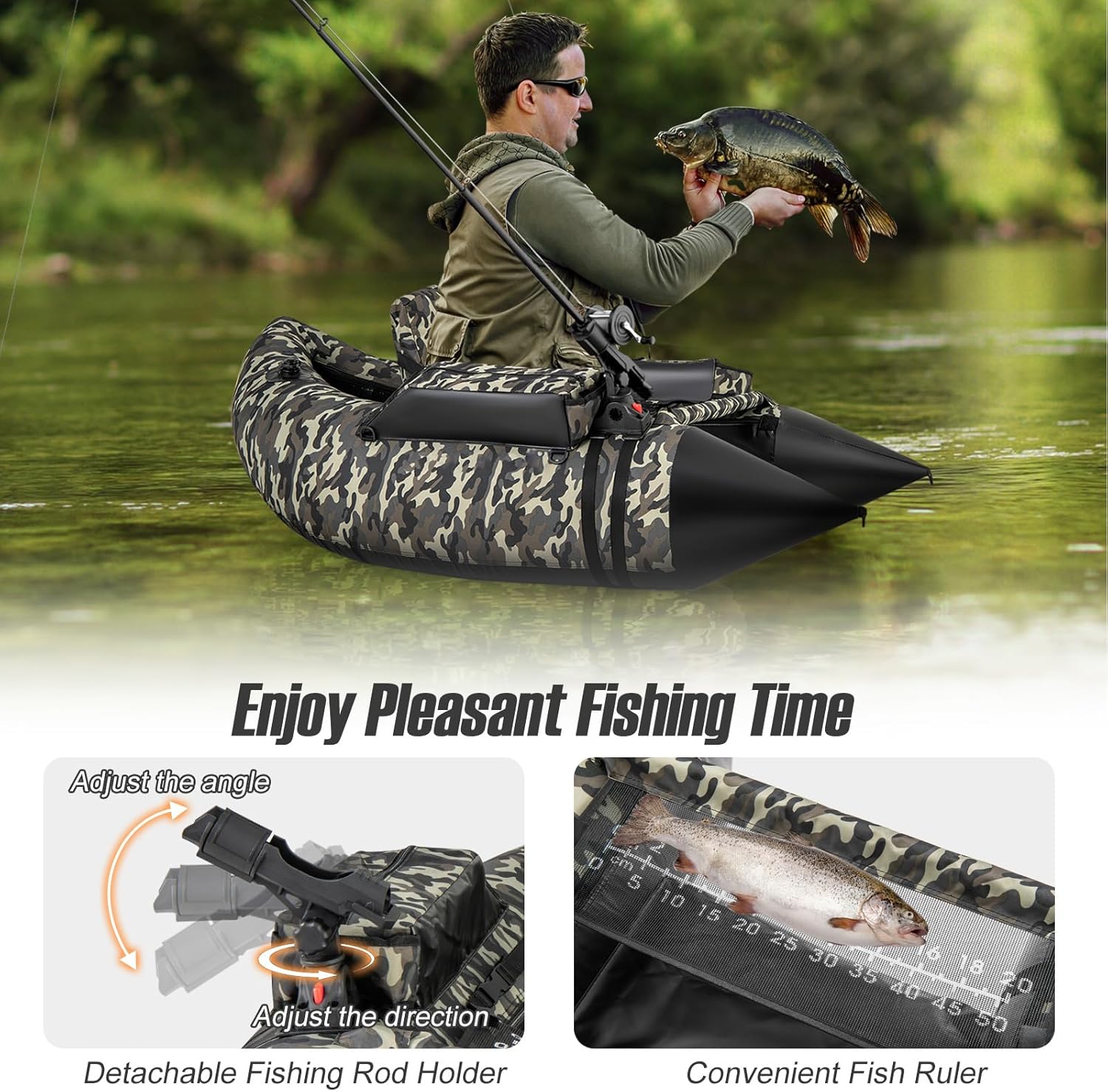 COSTWAY Inflatable Fishing Float Tube, Fishing Boat with Pump, Adjustable Shoulder Straps, Paddle, 2 Pockets, Fish Ruler, Rod Holder & Flippers, 150kg Load Capacity Adult Belly Boat, 150 x 110 x 50cm