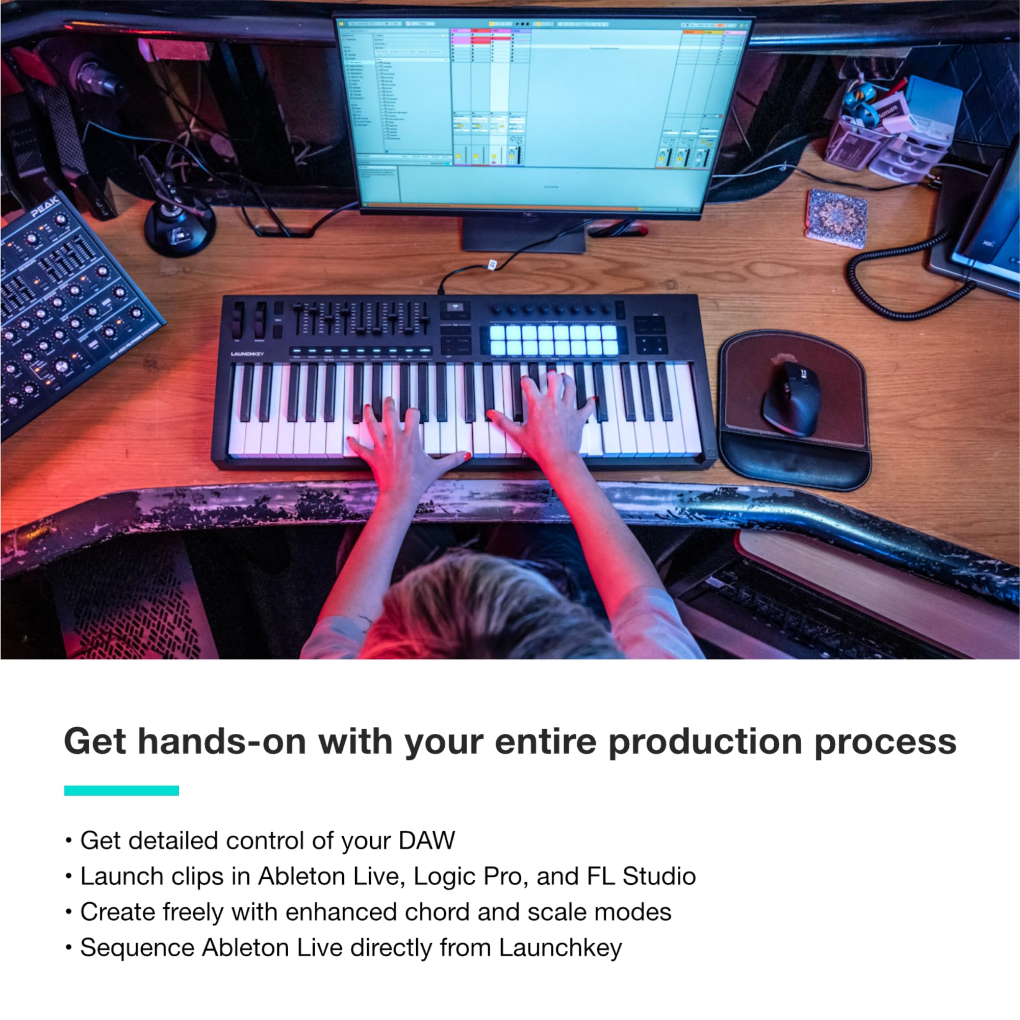 Novation Launchkey Mini 25 [MK4] — Portable 25 Mini-Key, USB, MIDI Keyboard Controller with DAW Integration. Chord Mode, Scale Mode, Drum Pads, and Arpeggiator. Includes Music Creation Software Bundle