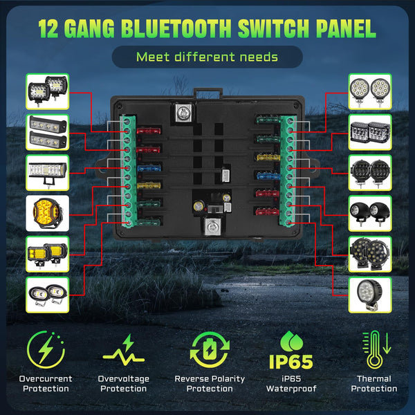 Chelhead RGB 6 Gang Switch Panel with APP Control, Universal Circuit Control Relay System, Multi-Function Bluetooth Remote Switch Panel, Compatible with Truck Boat SUV RV Trailer Marine ATV UTV