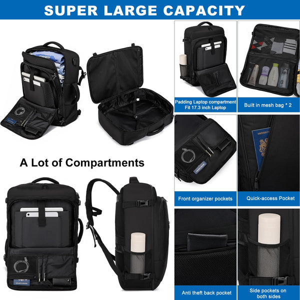 Cabin Bags 40x20x25 for Ryanair Underseat 20L Small Travel Hand Luggage Backpack Carry-ons Bag Cabin Size for Airplanes Flight Bag Travel Rucksack Fit 14 Inch Laptop with USB Charging Port-Black