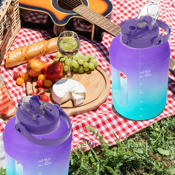 BuildLife Water Bottles with Straw & Flip Cap 2 in 1 Lid - Large Water Bottle with Time Markings BPA Free Leak Proof Wide Mouth Drinks Bottle,2.5 Litre Durable Sports Water Bottle (Black)