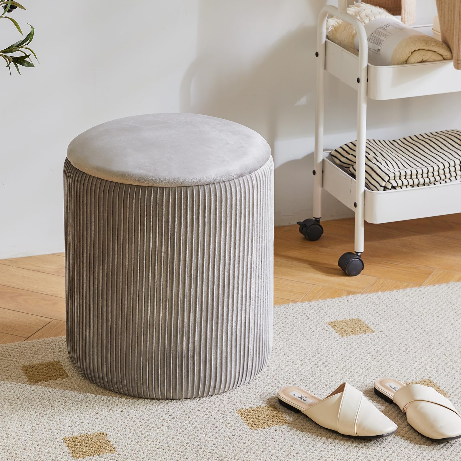 IBUYKE Set of 2 Round Ottoman with Storage, Velvet Vanity Stool for Makeup, Modern Padded Seat Coffee Table, Multipurpose Footrest Stool for Living