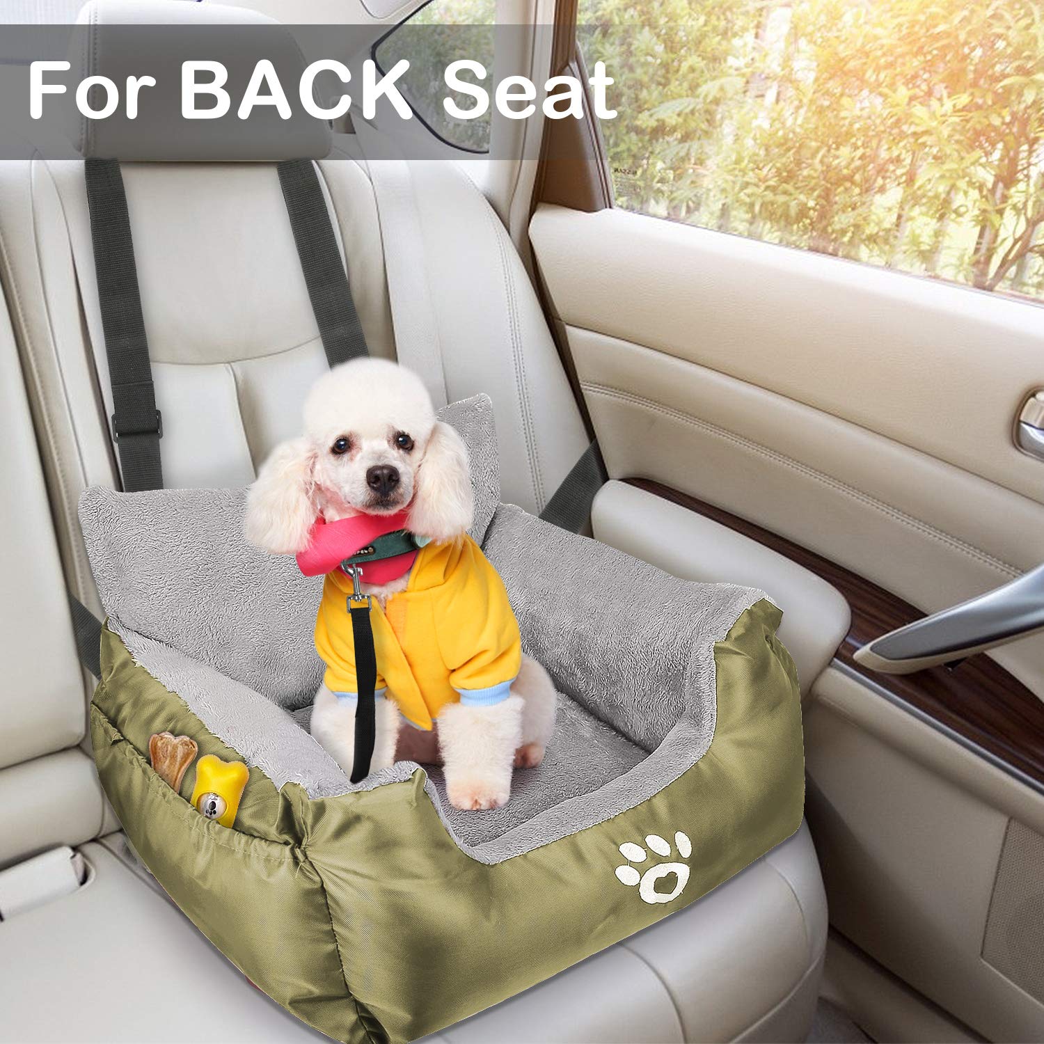 GoFirst Dog Car Seat for Small Dogs or Cats, Pet Booster Seat Travel Car Bed with Storage Pocket and Clip-On Safety Leash, Waterproof Warm Plush Dog Car Safety Seats,Black