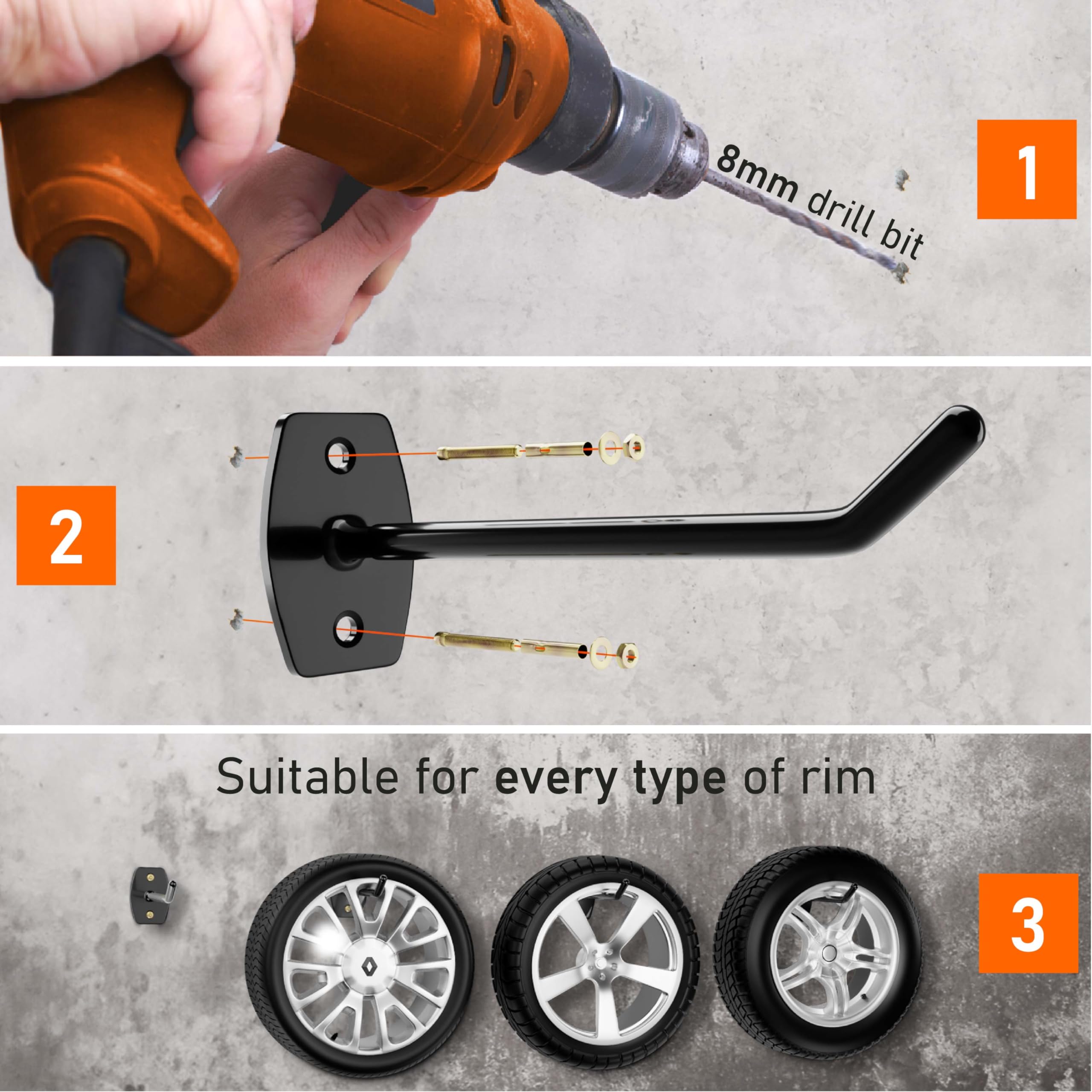 Upgrade4cars Tyre Wall Hooks for 8 Rims | Car Tire Holder Set with Screws | Tyres Storage Hanger Rack