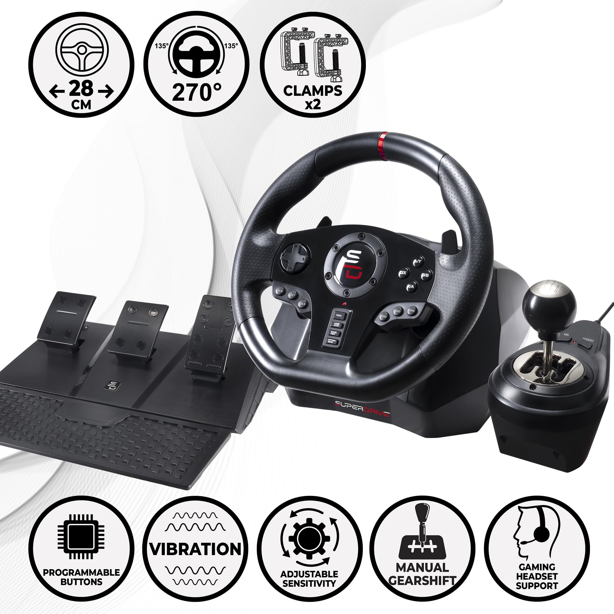 Subsonic Superdrive GS950X 900° racing wheel with manual shifter, 3 pedals and paddle shifters for Xbox Serie X/S, PS4, Xbox One (programmable)