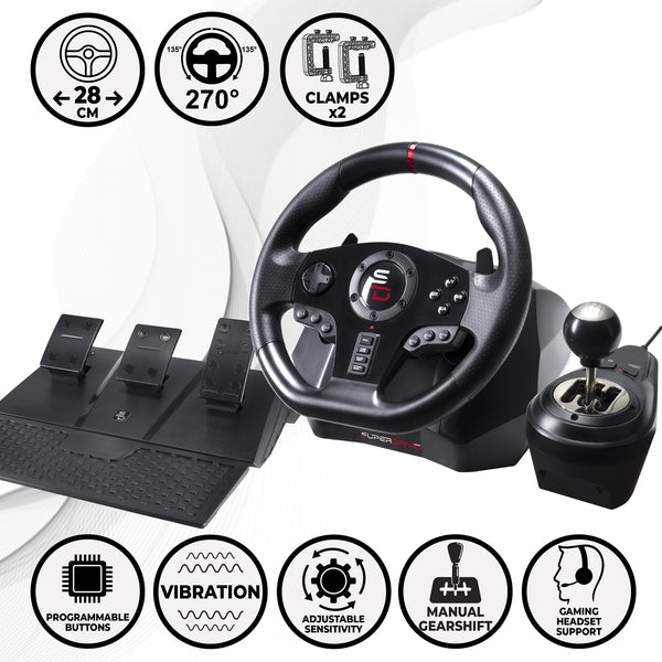 Subsonic Superdrive GS950X 900° racing wheel with manual shifter, 3 pedals and paddle shifters for Xbox Serie X/S, PS4, Xbox One (programmable)