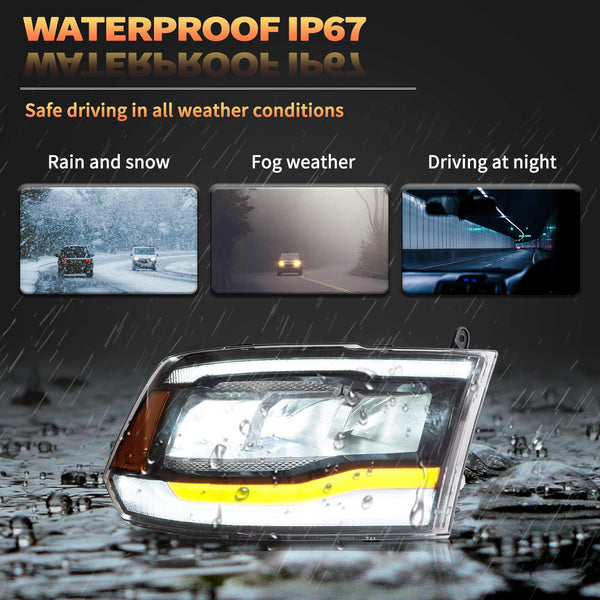 VLAND Motor LED Headlights compatible with RAM 1500 2500 3500 2009-2018 & RAM 1500 Classic 2019-2021, w/Startup dynamic display & Blue to white changing, Passenger & Driver Sides - Clear reflector