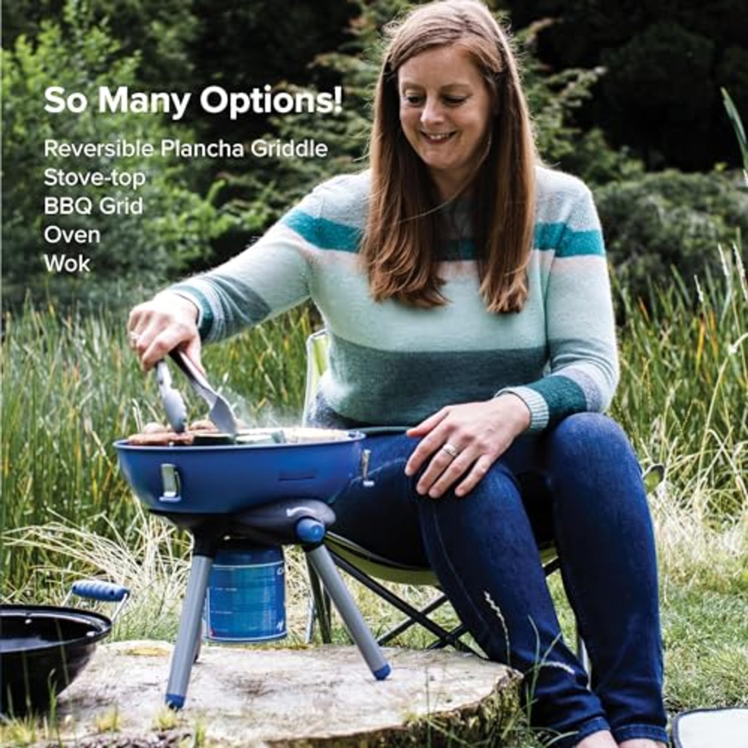 Campingaz Party Grill 400 CV, Camping Stove and Grill, All-in-One Portable Camping BBQ, with Griddle, Grid and Pan Support, Lid Doubles as Wok, Blue