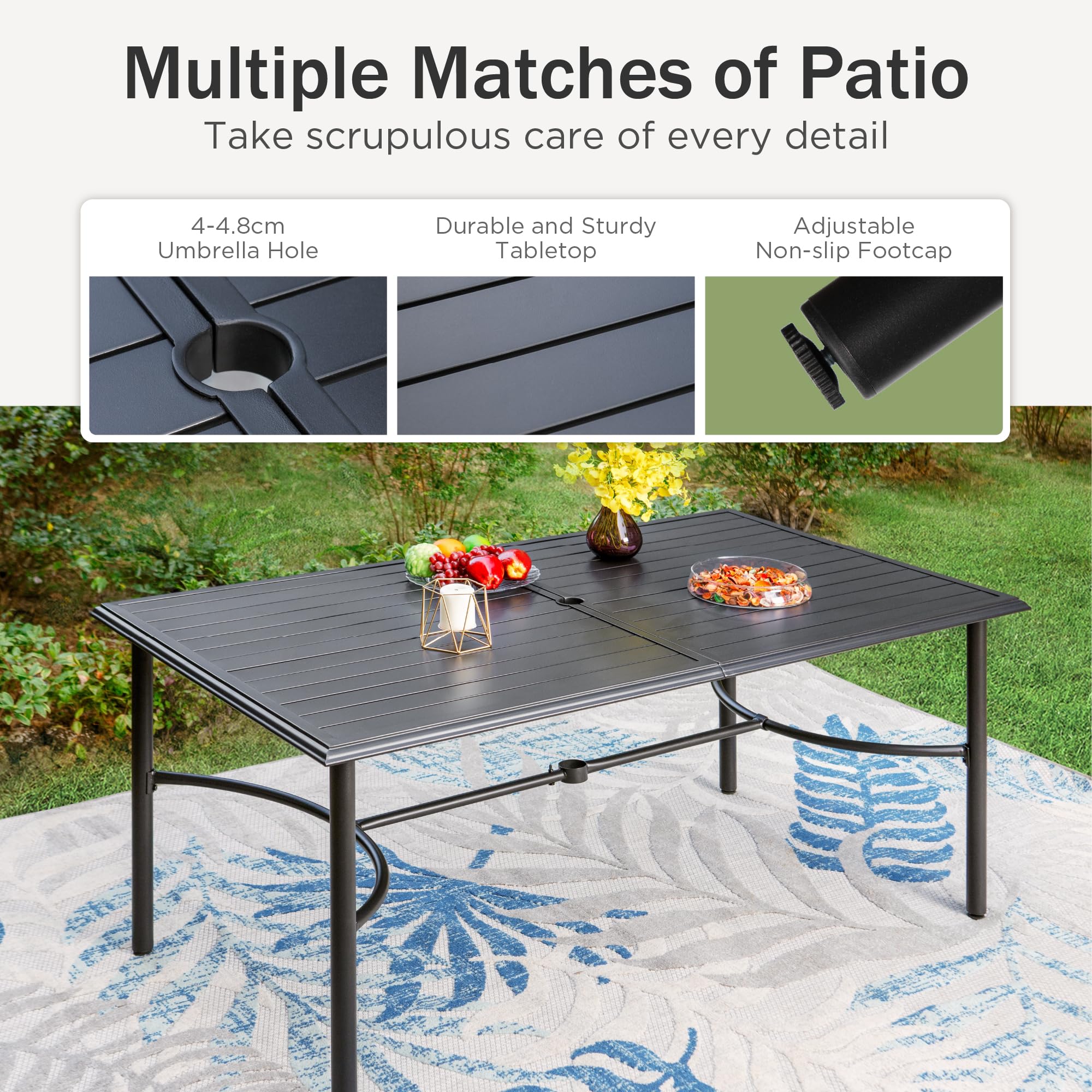 PHIVILLA Garden Table for 6 Person 150 * 90cm Patio Outdoor Table Rust Proof Steel Frame with 4 cm Parasol Hole Outdoor Furniture Garden Dining Table Maintenance Free Black