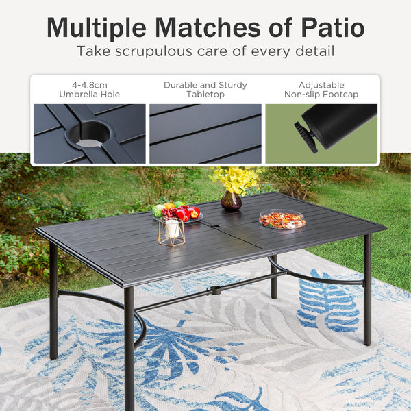 PHIVILLA Garden Table for 6 Person 150 * 90cm Patio Outdoor Table Rust Proof Steel Frame with 4 cm Parasol Hole Outdoor Furniture Garden Dining Table Maintenance Free Black