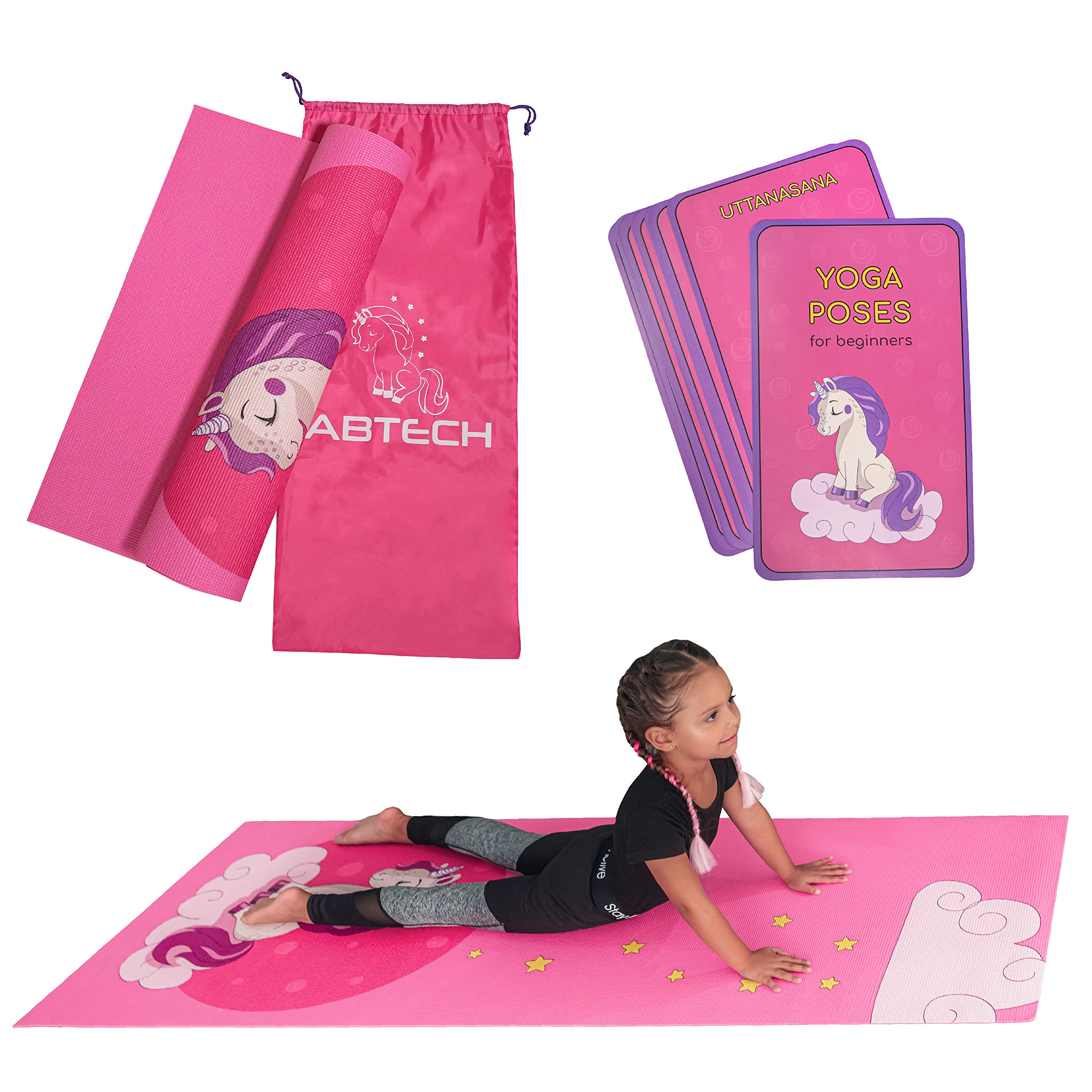 Kids Yoga Mat Set - Fun Unicorn Yoga Mat for Girls - Comfortable - Chemical Free - Non-Toxic - Non-Slip - 60 X 24 X 0.2 Inches - w/ 12 Yoga Cards for