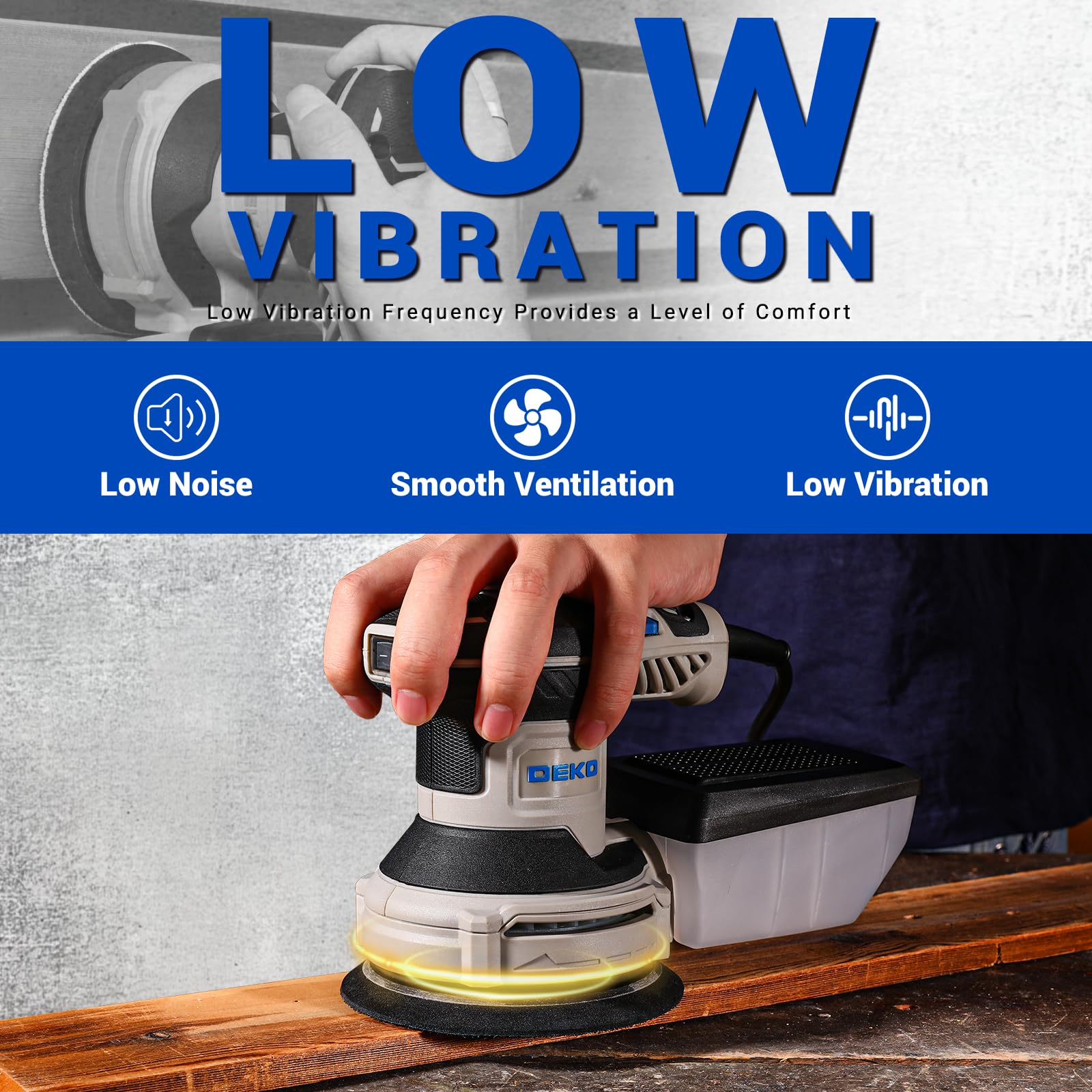 DEKOPRO Random Orbit Sander 300W with 16Pcs Sandpapers, 6 Variable Speed 14000RPM, 125MM Hand Electric Tool, High Performance Dust Collection System, Fit for Woodworking/Sanding