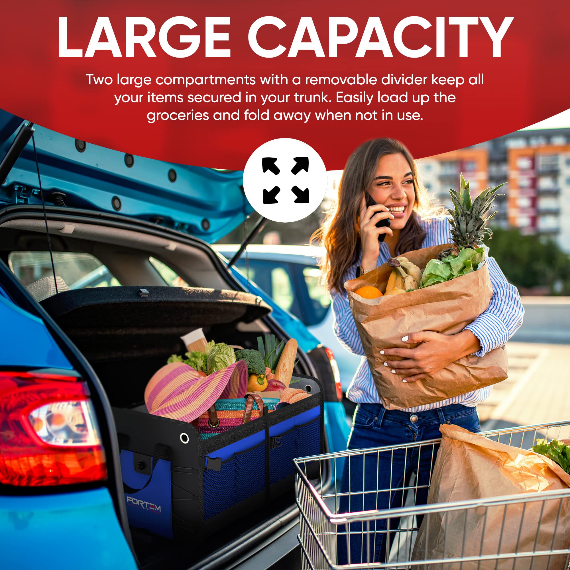 FORTEM Car Boot Organiser, SUV Boot Tidy, Trunk Storage, Collapsible Multi Compartment Car Organiser, Non Slip Bottom, Adjustable Securing Straps, Foldable Cover (65L)