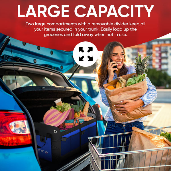 FORTEM Car Boot Organiser, SUV Boot Tidy, Trunk Storage, Collapsible Multi Compartment Car Organiser, Non Slip Bottom, Adjustable Securing Straps, Foldable Cover (65L)
