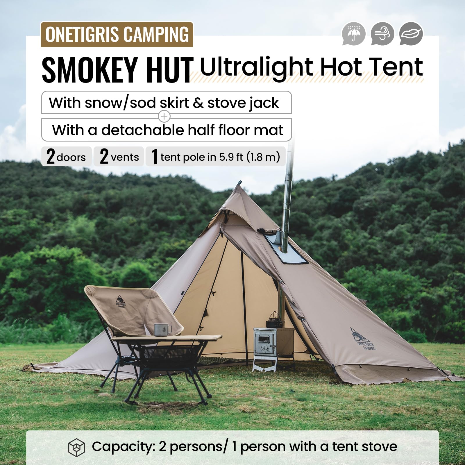 OneTigris Smokey HUT Hot Tent with Stove Jack, Ultralight 4 Season Tipi Tent with Snow Skirt & Detachable Floor for Camping, Hiking, Bushcraft, Backpacking