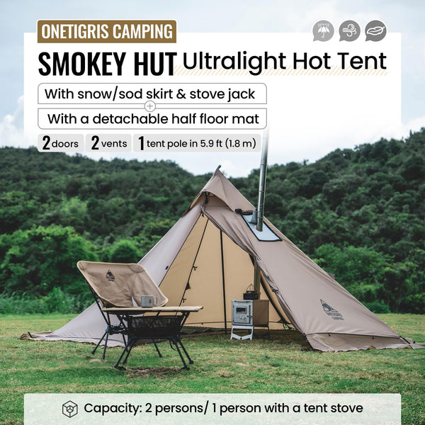 OneTigris Smokey HUT Hot Tent with Stove Jack, Ultralight 4 Season Tipi Tent with Snow Skirt & Detachable Floor for Camping, Hiking, Bushcraft, Backpacking