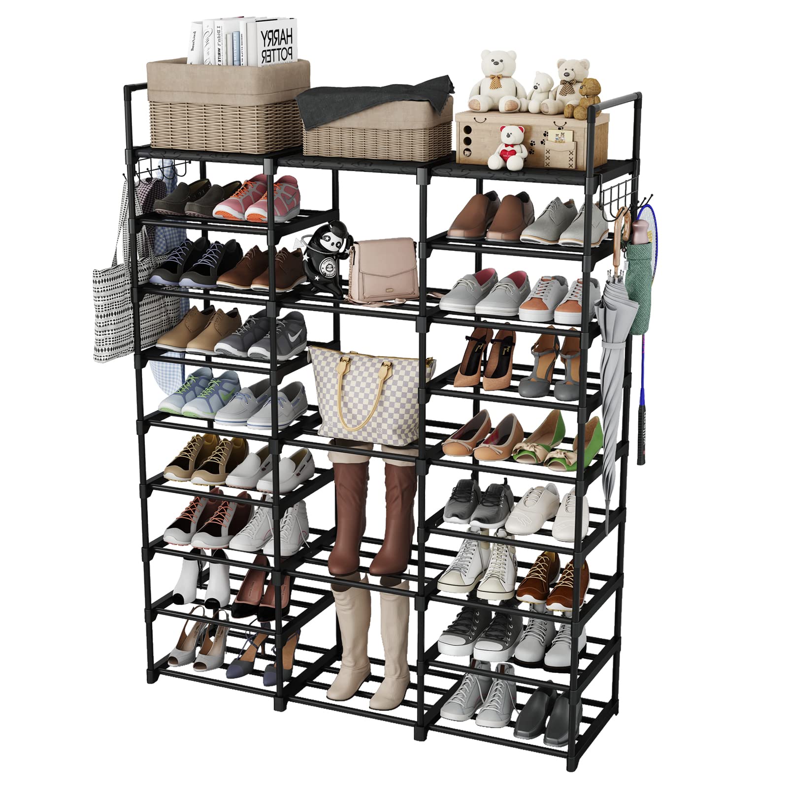 Finew Shoe Rack 9 Tier 3 Row, Metal Shoes Storage Organiser Shelf, Holds 50-55 Pairs Shoe Boots, Stackable Stand Shoe Cabinet with Hooks, Tall Shoe