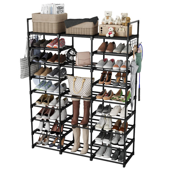 Finew Shoe Rack 9 Tier 3 Row, Metal Shoes Storage Organiser Shelf, Holds 50-55 Pairs Shoe Boots, Stackable Stand Shoe Cabinet with Hooks, Tall Shoe