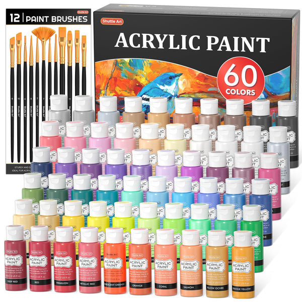 Shuttle Art 72 Pack Acrylic Paints Set, 60 Colours Acrylic Paint (2oz,60ml) with Extra White Black & 12 Brushes, Rich Pigmented, Water Proof, Ideal