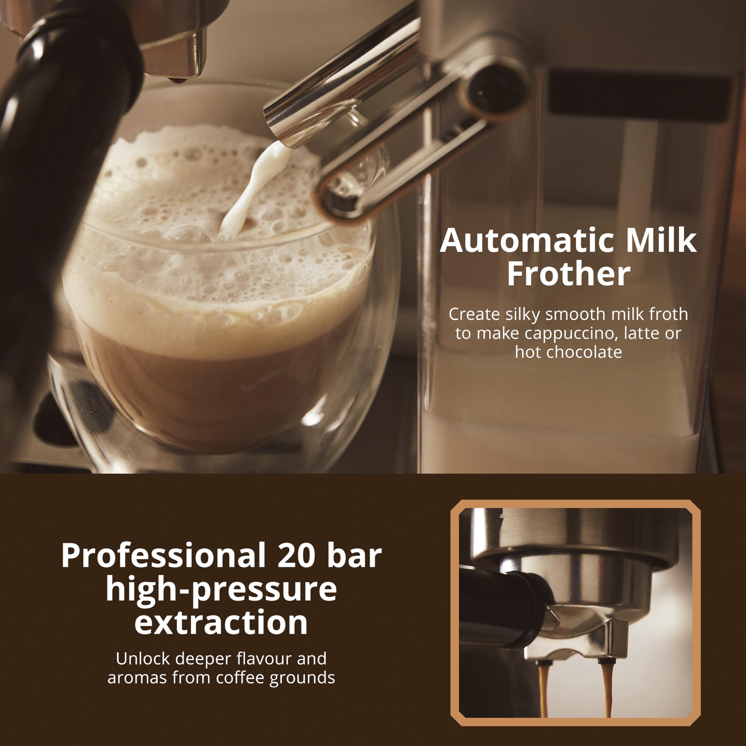 Swan SK22154 Pump Espresso Digital Coffee Machine, Digital Touch Controls with 8 Pre-Sets, 20 Bar Pressure, Built-in Automatic Milk Frother with 500ml Tank, Black