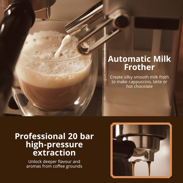 Swan SK22154 Pump Espresso Digital Coffee Machine, Digital Touch Controls with 8 Pre-Sets, 20 Bar Pressure, Built-in Automatic Milk Frother with 500ml Tank, Black
