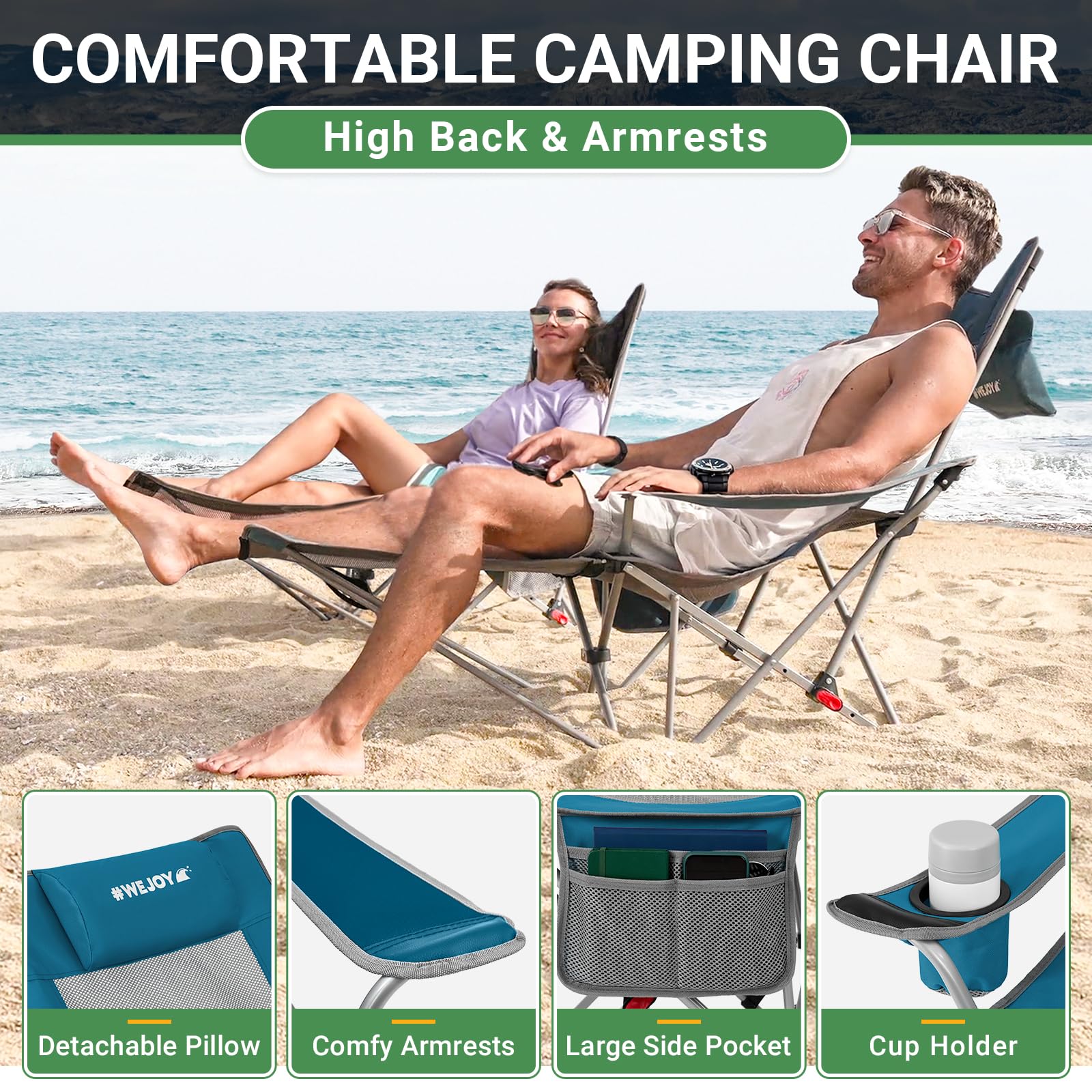 #WEJOY Camping Chairs Folding Recliner Chair Adjustable with Detachable Footrest Headrest Cup Holder Lightweight Portable Reclining Camp Chair Fold Up Chair for Outdoor Beach Garden, Cyan Set of 2
