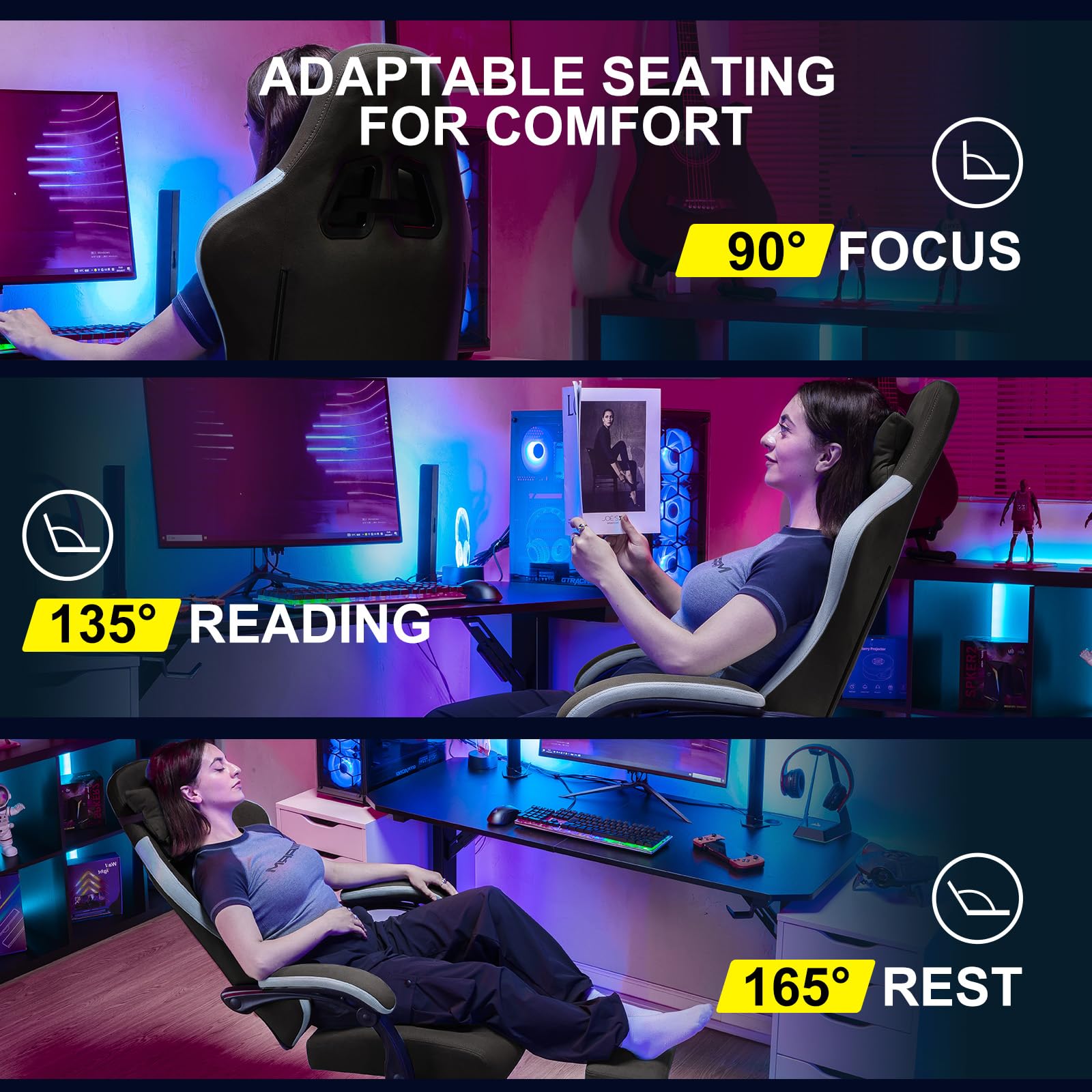 GTPLAYER Fabric Gaming Chair with Footrest, Ergonomic Computer Desk Chair with Pocket Spring Cushion Home Office High Back Support Lumbar Support Heavy Duty Wide