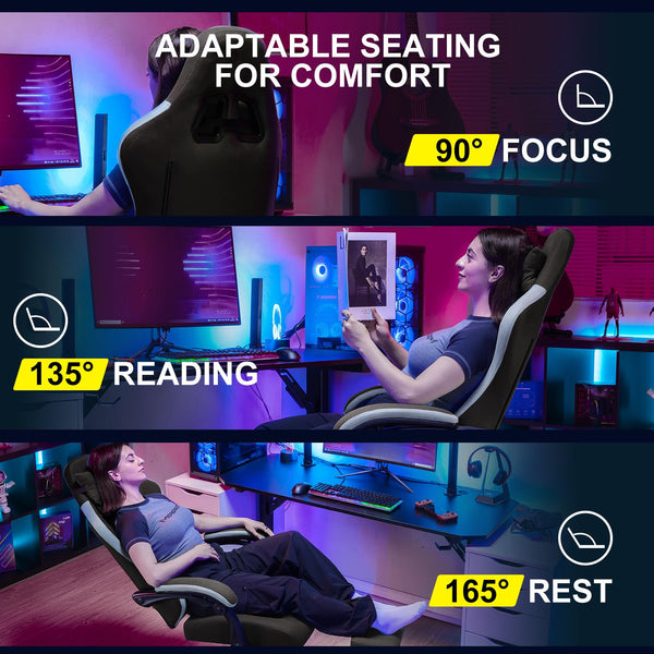 GTPLAYER Fabric Gaming Chair with Footrest, Ergonomic Computer Desk Chair with Pocket Spring Cushion Home Office High Back Support Lumbar Support Heavy Duty Wide