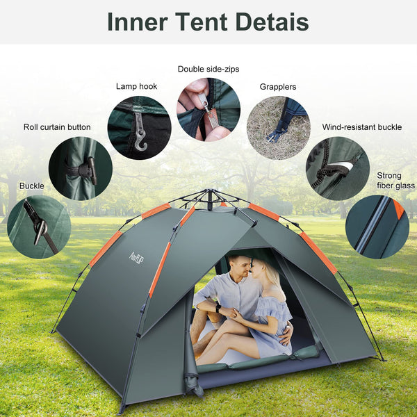 Amflip Camping Tent Automatic 3 Man Person Instant Tent Pop Up Ultralight Dome Tent 4 Seasons Waterproof & Windproof Camping Tent with Removable Outer Tarpaulin, Double Layers