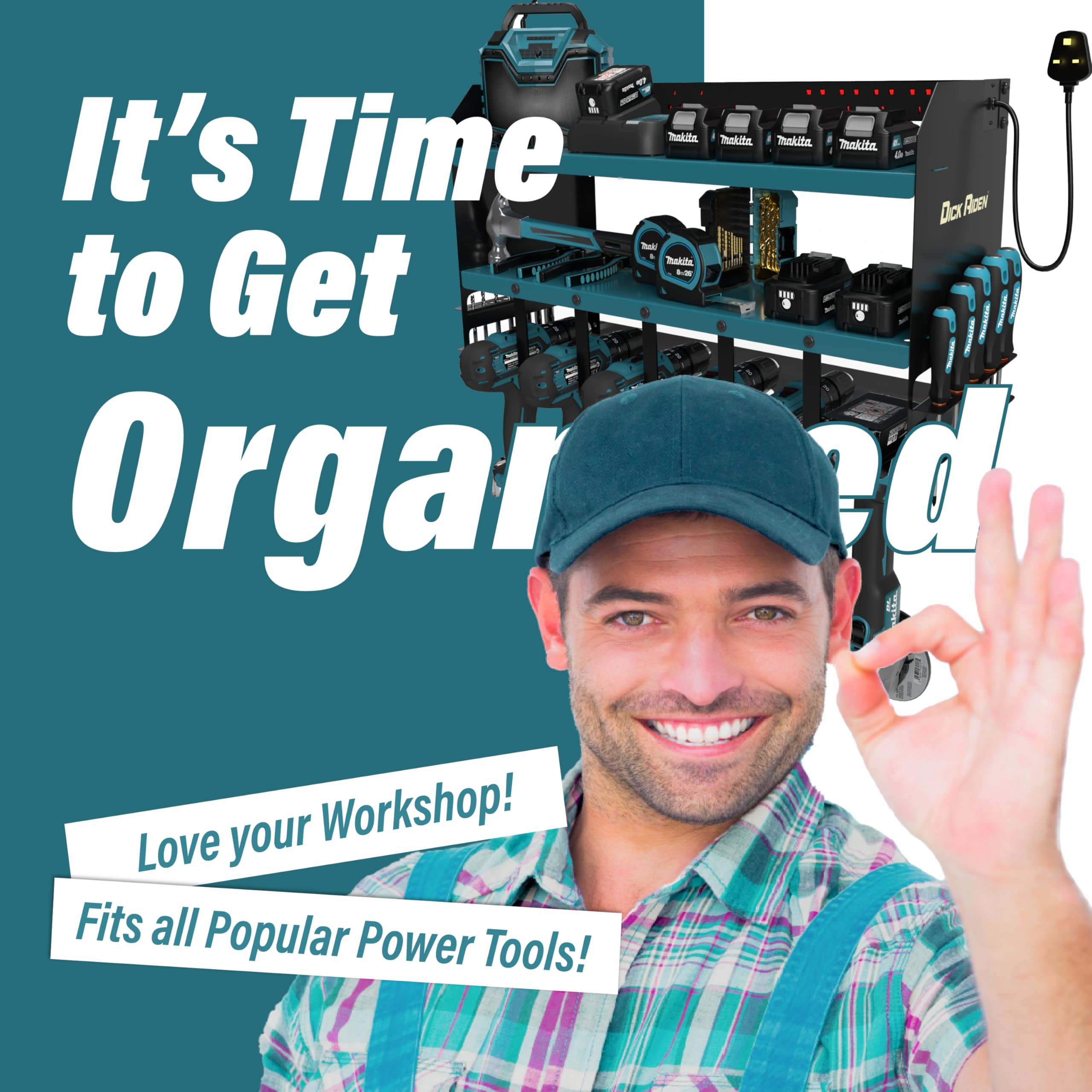 Toolganize Power Tool Organiser, Storage Rack with Power Strip Charging Station, Heavy-Duty for Workshop & Garage Tools - 4 Slot, Milwaukee Red.