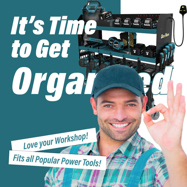 Toolganize Power Tool Organiser, Storage Rack with Power Strip Charging Station, Heavy-Duty for Workshop & Garage Tools - 4 Slot, Milwaukee Red.