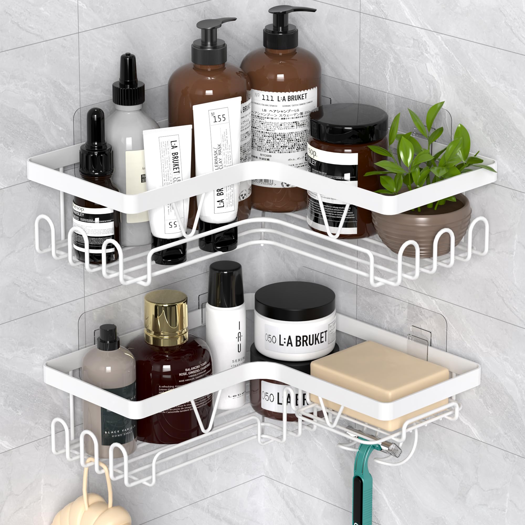 Kegii Telescopic Shower Caddy Corner - Stainless Steel Shower Shelf No Drilling Bathroom Caddy with Soap Holder and Hooks(White), On The Bath or Stand Up Shower