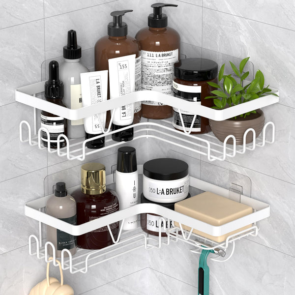 Kegii Telescopic Shower Caddy Corner - Stainless Steel Shower Shelf No Drilling Bathroom Caddy with Soap Holder and Hooks(White), On The Bath or Stand Up Shower