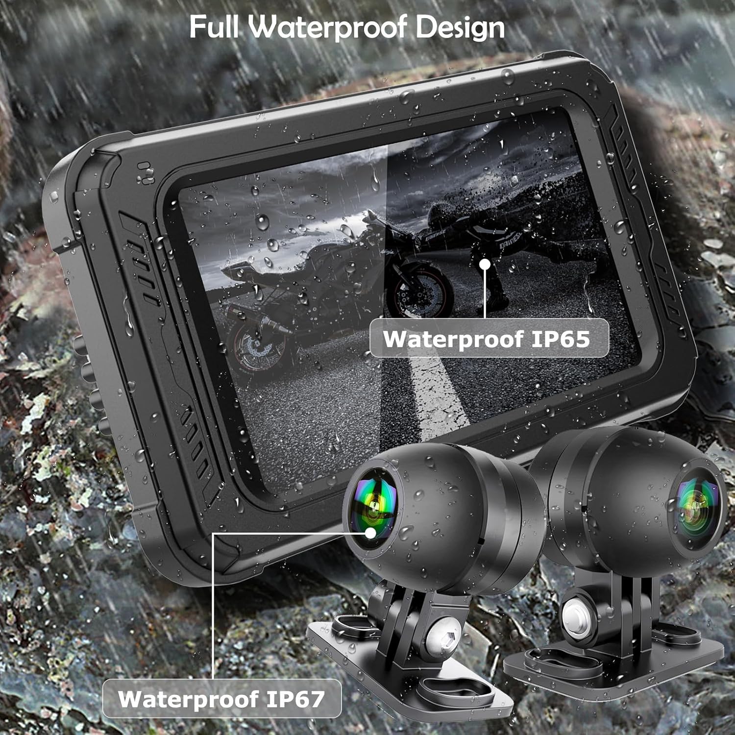 Waterproof Motorcycle Dash Cam with Wireless CarPlay & Android Auto, 5'' IPS Touch Screen, Front and Rear Camera HD 1080P, TPMS, Bluetooth, Wi-Fi, GPS, Max up to 256GB