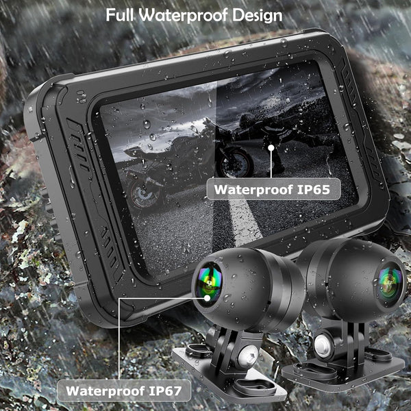 Waterproof Motorcycle Dash Cam with Wireless CarPlay & Android Auto, 5'' IPS Touch Screen, Front and Rear Camera HD 1080P, TPMS, Bluetooth, Wi-Fi, GPS, Max up to 256GB