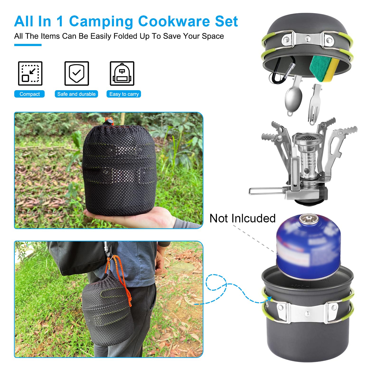 AUTOPkio Camping Cooking Set, Outdoor Camping Pans Pots and Stove - Non Stick Folding Cookware Kit for BBQ Picnic Hiking Backpacking Travel 1-2 Person Use