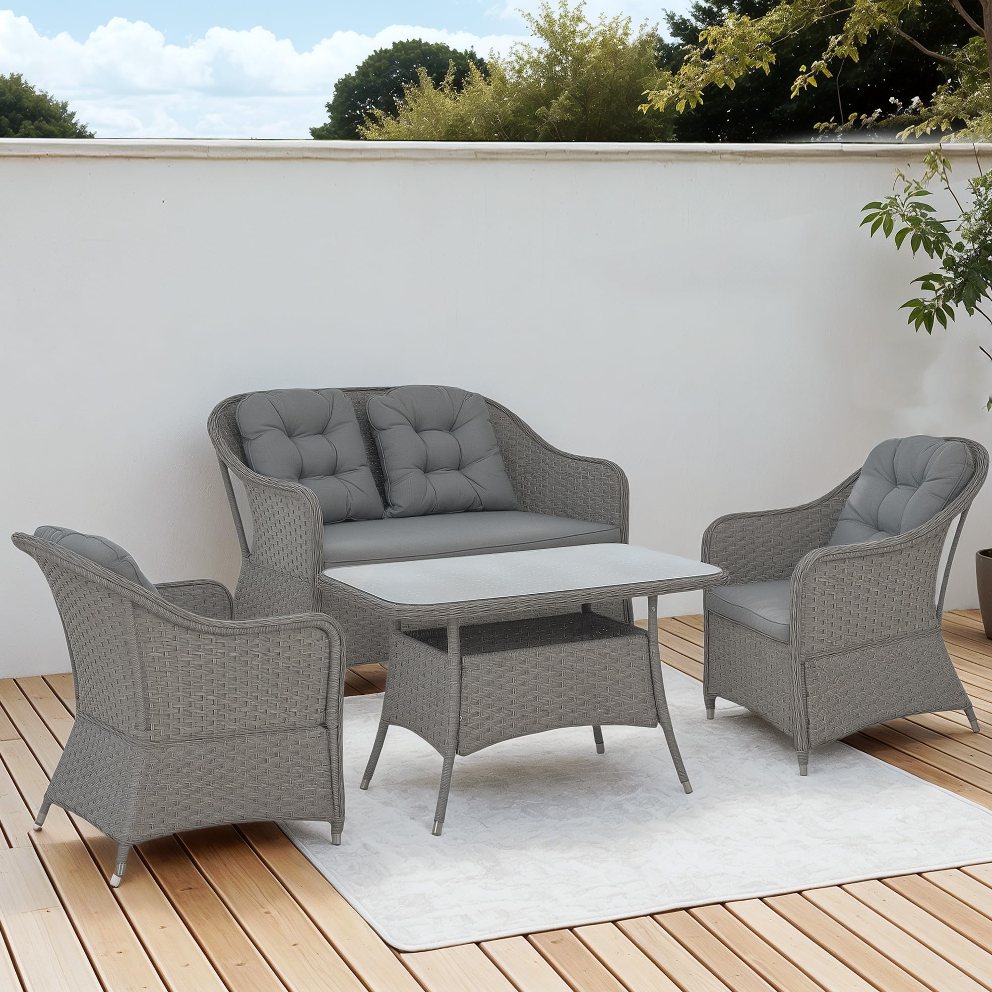 Outsunny 4 Pieces Rattan Garden Furniture Set, Round Wicker Garden Sofa Set with Loveseat, Armchairs and Glass Top Table, Outdoor Conservatory Furniture with Cushions for Patio, Balcony, Light Grey