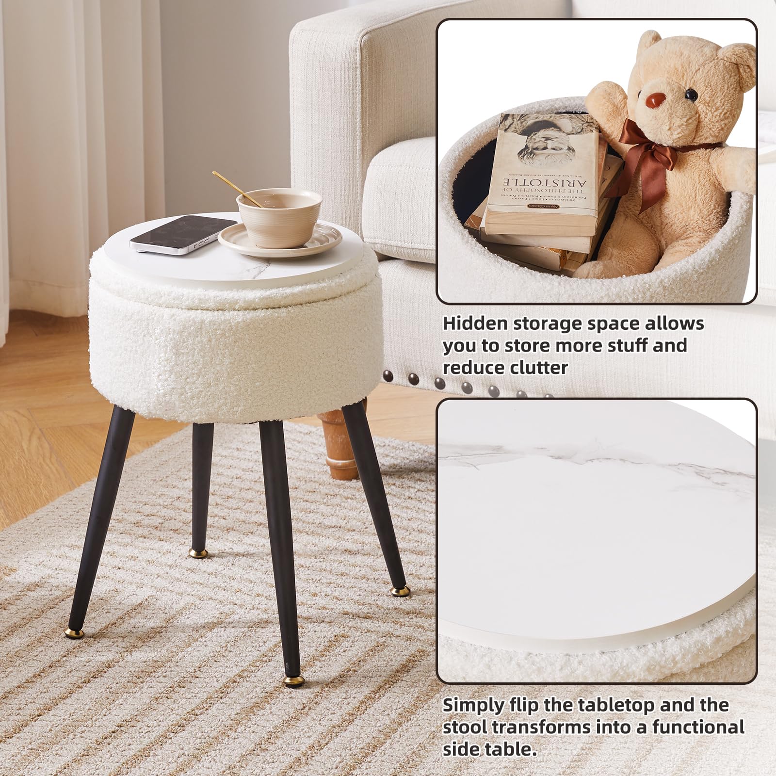 Aibiju Round Footrest Stool with Storage, Faux Teddy Fur Dressing Table Chair, Makeup Vanity Stool Side Table with Metal Legs for Bedroom, Living