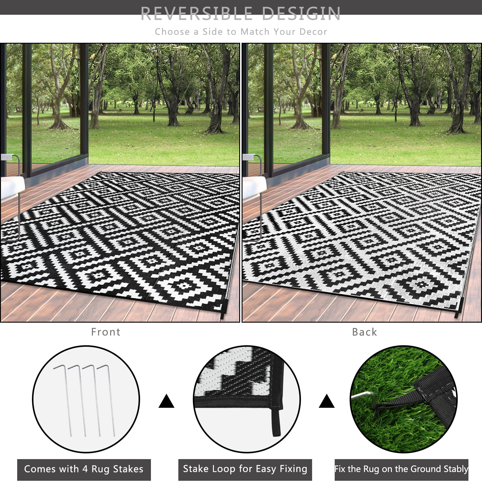 Cekene Large Outdoor Rug Waterproof Black 245x305cm Patio Rugs Reversible RV Camping Mat Lightweight Plastic Portable Outdoor Carpet for Picnic Porch Deck Backyard BBQ Beach