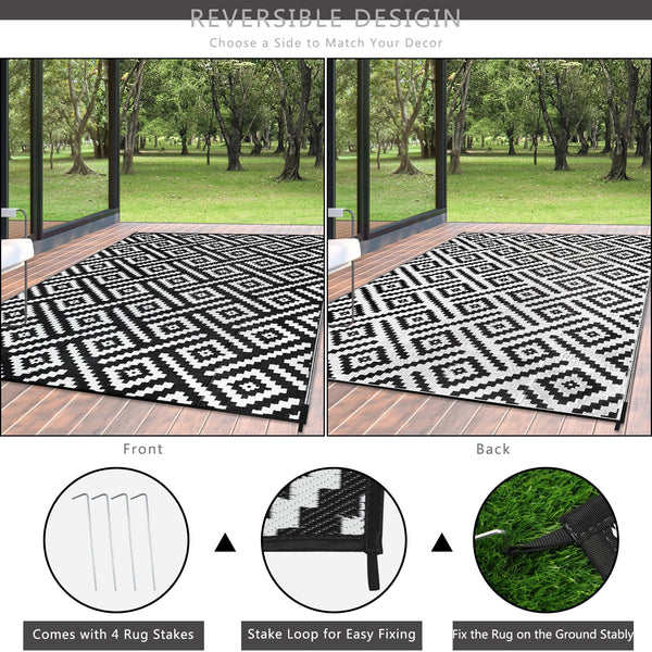 Cekene Large Outdoor Rug Waterproof Black 245x305cm Patio Rugs Reversible RV Camping Mat Lightweight Plastic Portable Outdoor Carpet for Picnic Porch Deck Backyard BBQ Beach