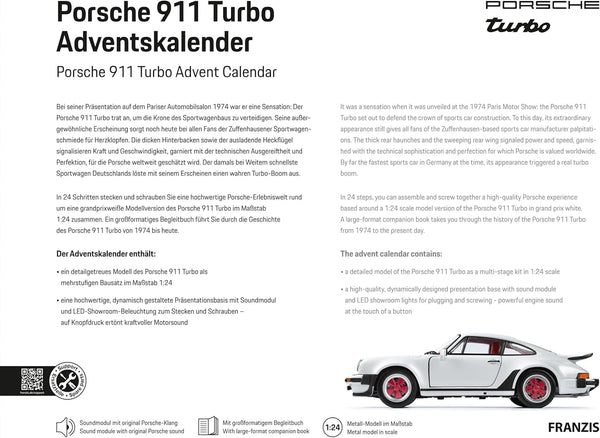 FRANZIS 67322 Porsche 911 Turbo Advent Calendar Model Kit 1:24 Scale Including Sound Base and 52-Page Accompaniment Book