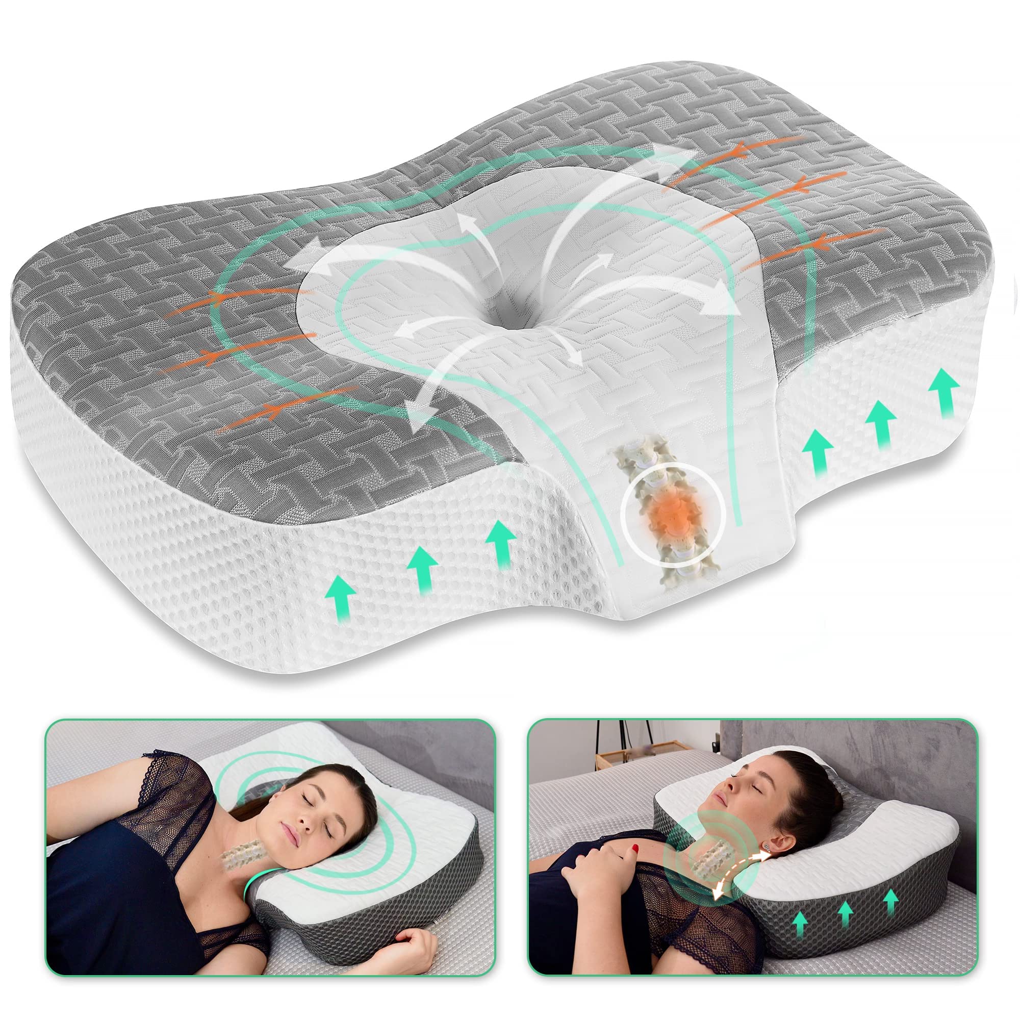 Elviros Cervical Memory Foam Neck Pillow for Side Sleeping, Orthopedic Pillows for Back and Stomach Sleepers, Adjustable Ergonomic Bed Pillow Pain