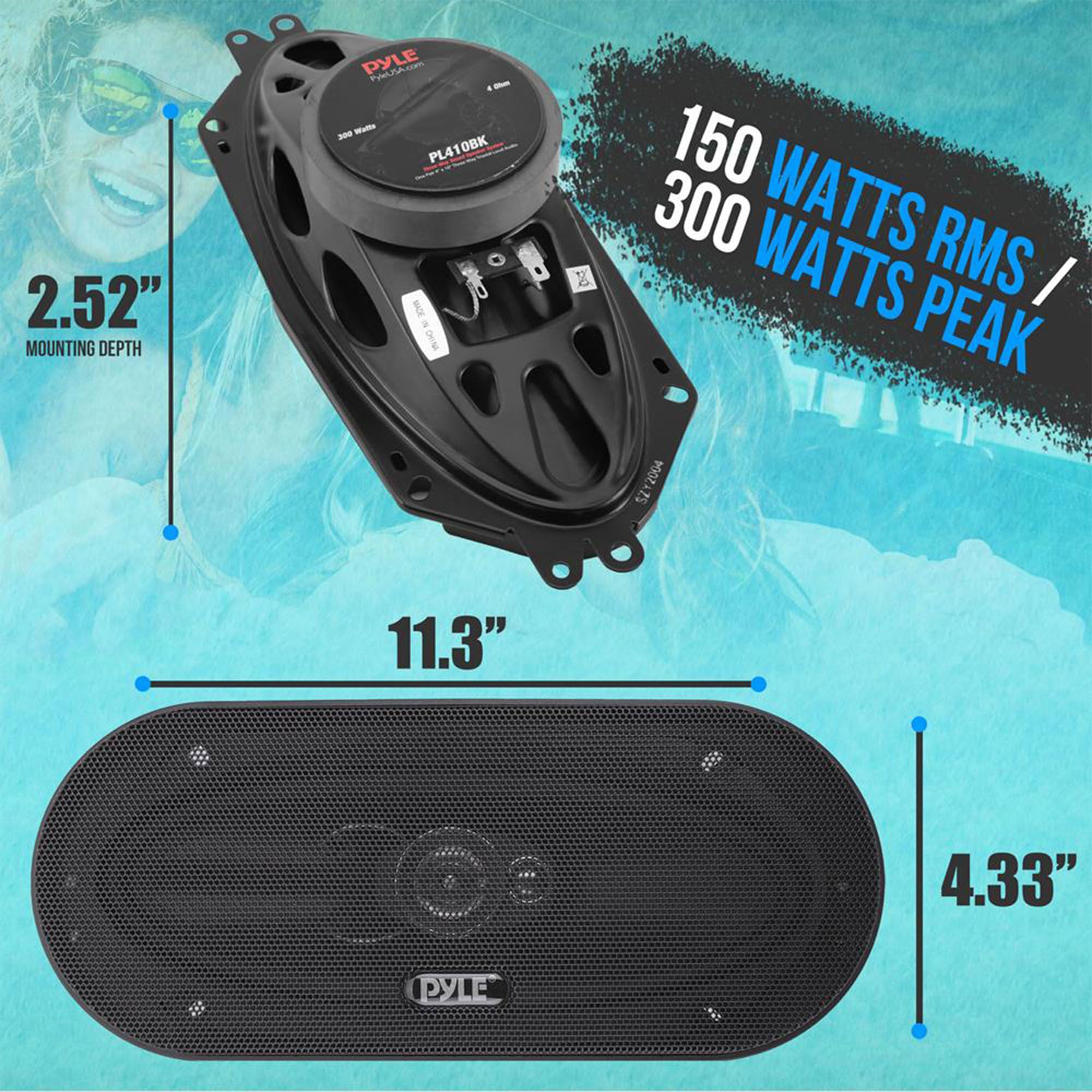 Pyle 3-Way Universal Car Stereo Speakers - 300W 4" x 10" Triaxial Loud Pro Audio Car Speaker Universal OEM Quick Replacement Component Speaker Vehicle Door/Side Panel Mount Compatible, PL410BK (Pair)