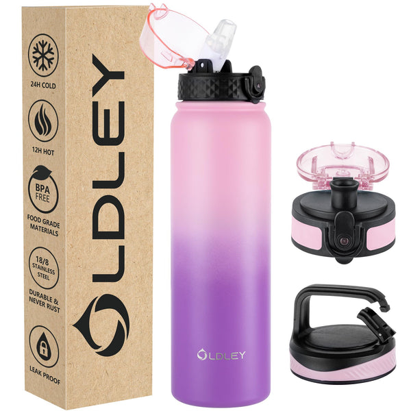 OLDLEY Stainless Steel Water Bottle with Straw 1L Vaccum Insulated Large Drink Flask Metal Water Bottles 1 Litre Leakproof Keep Drinks Hot Cold for Sports Gym with Different Lids(Purple Green, 3 Lids)