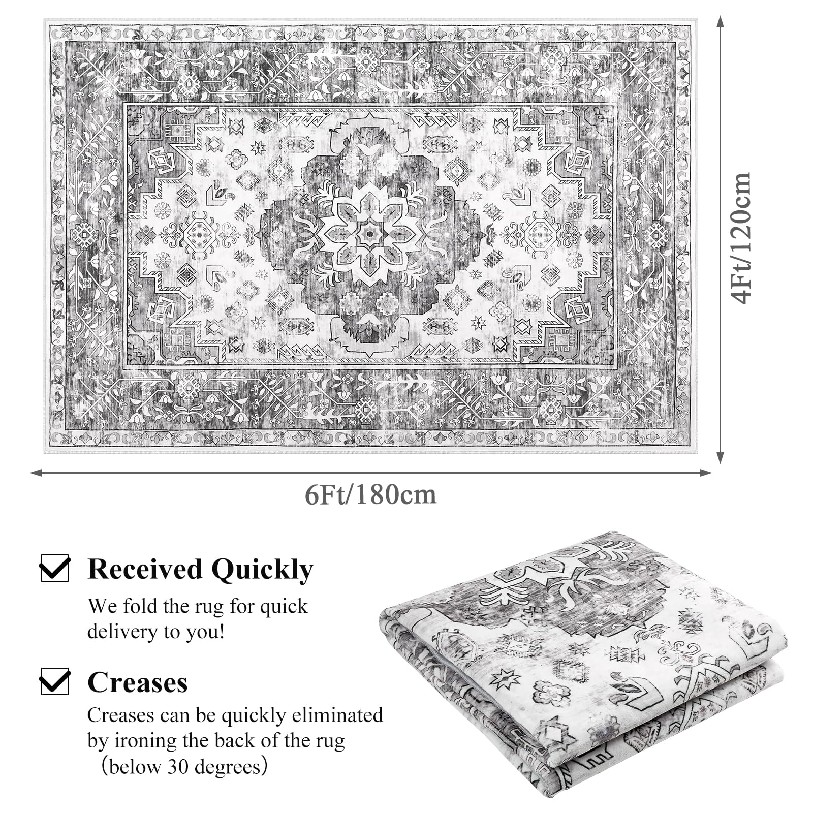 Enyhom Rugs for Living Room Large Vintage Area Rug, 120 x 180 cm Machine Washable Non Slip Floor Carpet Traditional Boho Floor Carpet Rugs for Bedroom