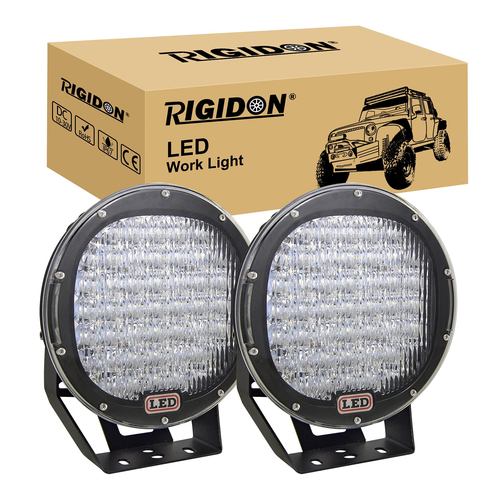 RIGIDON 2 Pcs Black Case Round Led Work Light, 9 inch 294W Spot Beam, 12V 24V Driving Lights Lamp Headlight for Car Off road Boat Truck 4x4 SUV ATV Tractors Excavator, 6000K White, Fog Lamp