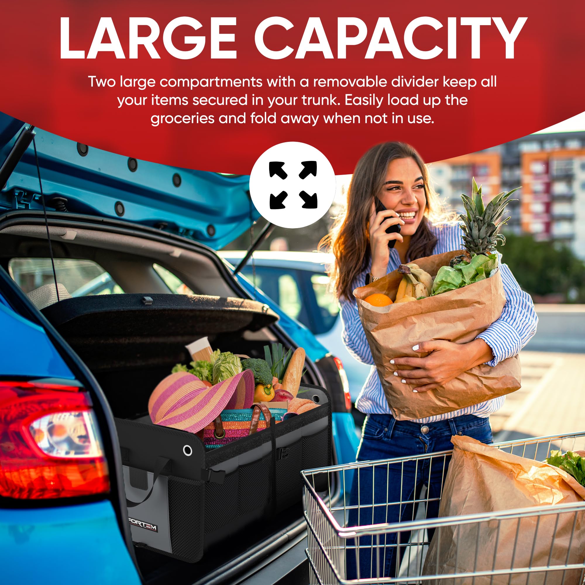 FORTEM Car Boot Organiser, SUV Boot Tidy, Trunk Storage, Collapsible Multi Compartment Car Organiser, Non Slip Bottom, Adjustable Securing Straps, Foldable Cover (65L)