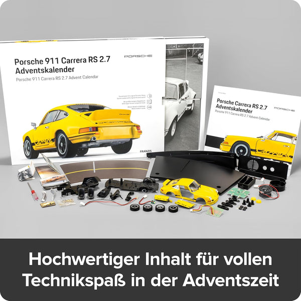 FRANZIS 67273 Porsche 911 Carrera RS 2.7 Advent Calendar Model Kit 1:24 Scale Including Sound Base and 52-Page Accompaniment Book