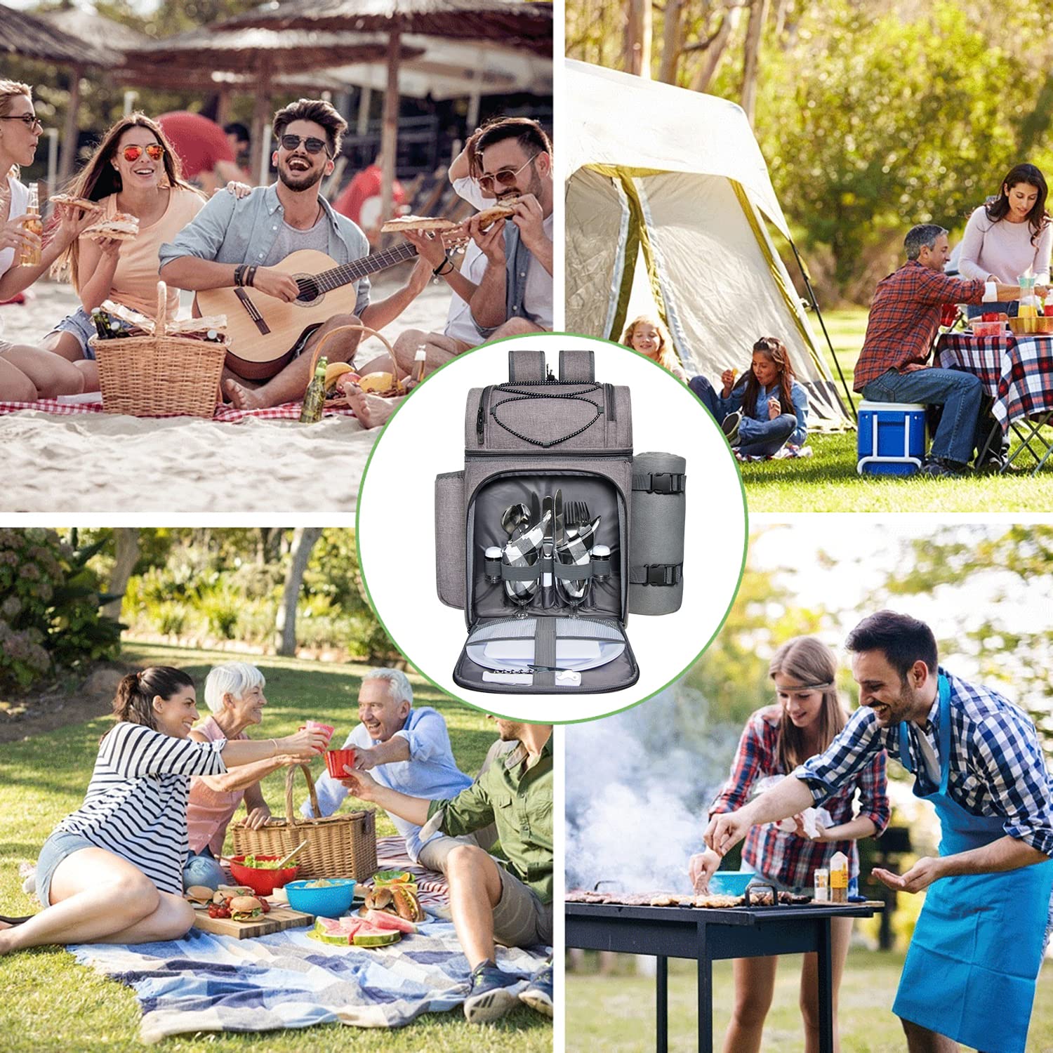 Hap Tim Picnic Basket Backpack for 2 Person with 2 Insulated Cooler Compartment, Wine Holder, Fleece Blanket, Cutlery Set,Perfect for Beach, Hiking,